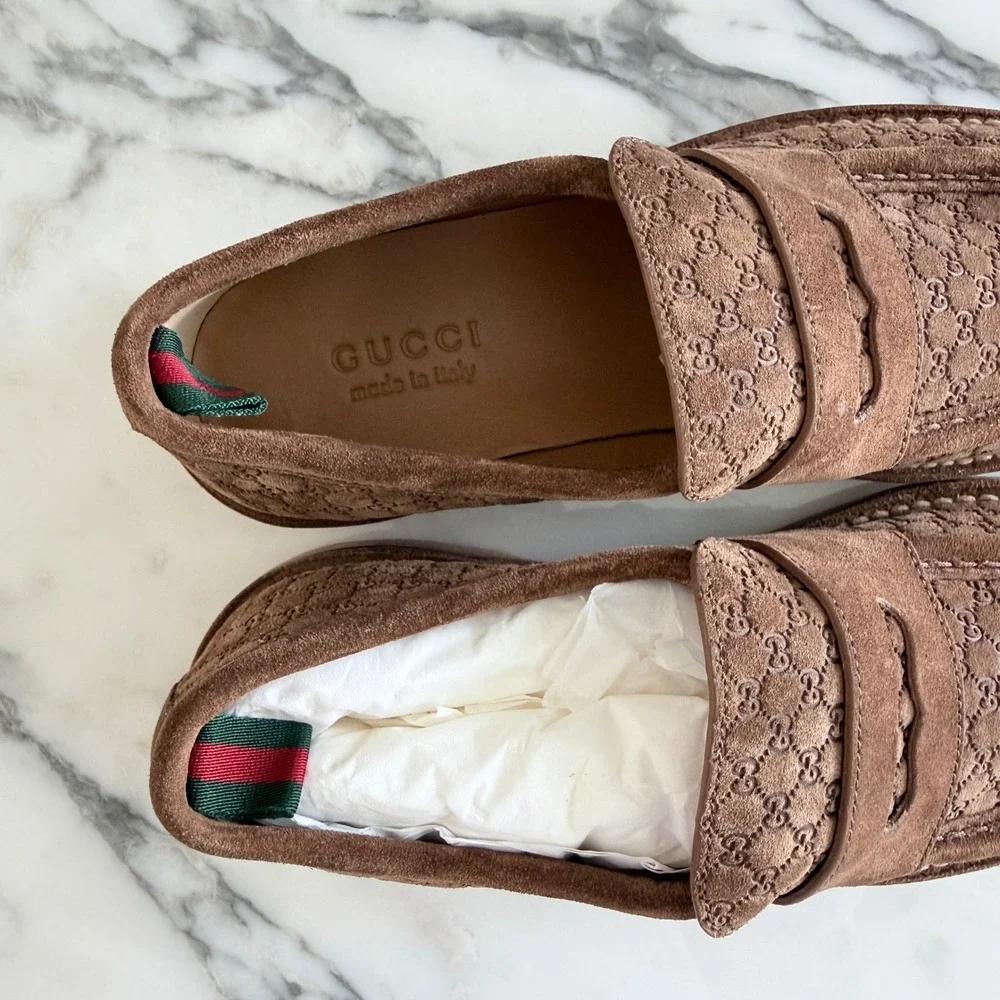 GUCCI  GG Moreau Moccasin Brown Suede Loafer Shoe Penny Strap, G 8+